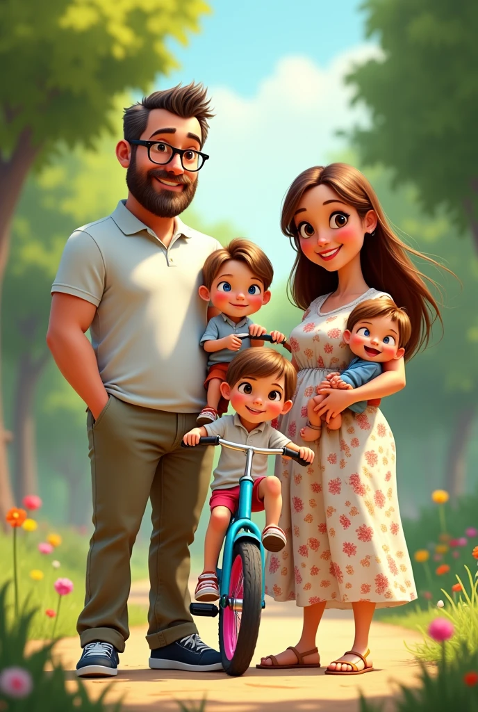 Image type dessin animé pixar d'une famille au parc. Caucasians : dad 35 years old brown eyes, lunettes, salt and pepper hair, brown beard, a little belly but not big. He is dressed in chinos, polo shirts and sneakers.. The mother is 3, She is a small, very round woman with brown hair., yeux bleus avec des lunettes, dressed in floral dress sandals. The first child is a 4 year old on her sky blue bike with pink tires, long blond hair with brown eyes. The other two children are 10-month-old twins., one in mom's arms : she has brown blonde hair with blue eyes looking more like her mom. the other is in dad's arms, cheveux blonds châtain aux yeux marrons avec une fossette à la joue gauche et ressemblant plus à papa.