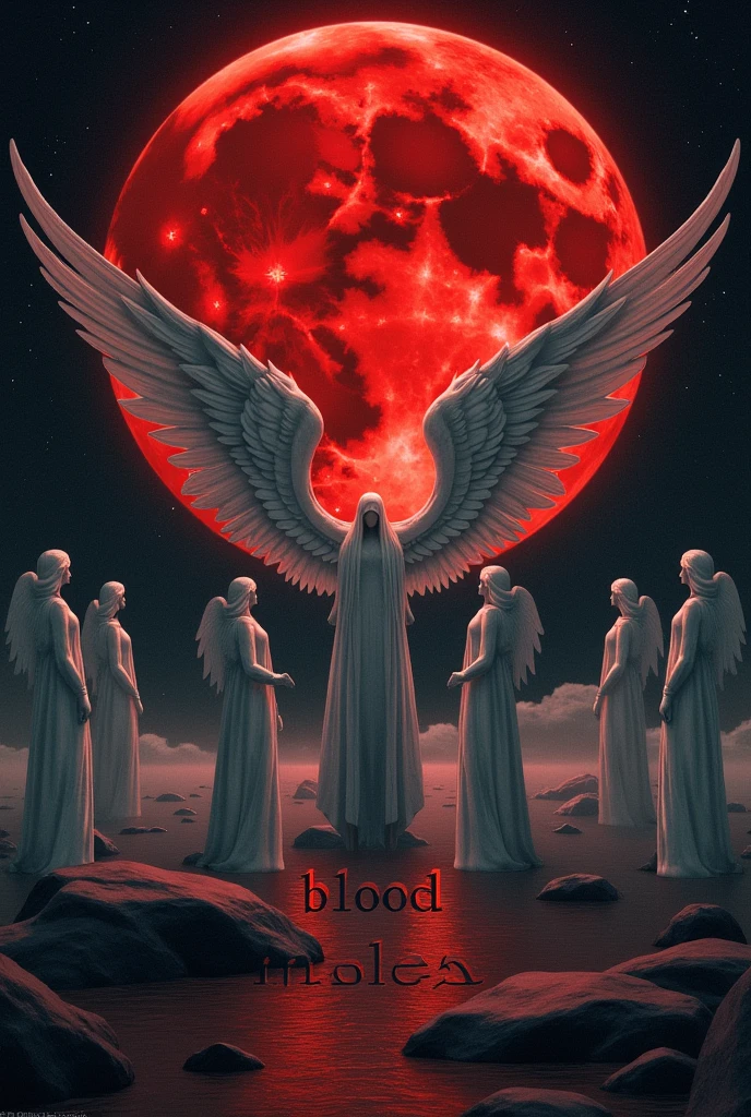 A red moon in the middle seven silver angels on the sides And that says: Blood Moles