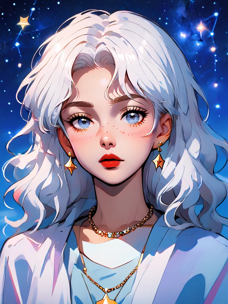 anime art, 1girl, solo, long hair, looking at viewer, blush, bangs, jewelry, upper body, white hair, earrings, necklace, star (symbol), grey eyes, blue background, wavy hair, star (sky), freckles, red lips, constellation