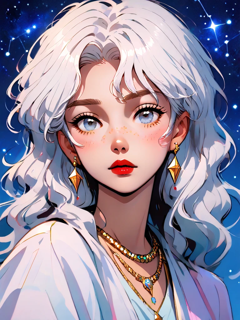 anime art, 1girl, solo, long hair, looking at viewer, blush, bangs, jewelry, upper body, white hair, earrings, necklace, star (symbol), grey eyes, blue background, wavy hair, star (sky), freckles, red lips, constellation