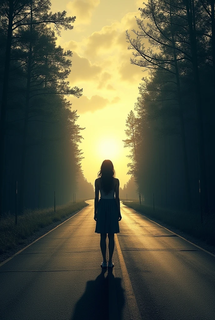 A woman standing at a juncture crossroads, with one path leading to a bright, sunlit horizon and the other to a shadowy, uncertain forest, representing the power of choice. The roads showing clearly in a v pattern and the woman at the middle thinking