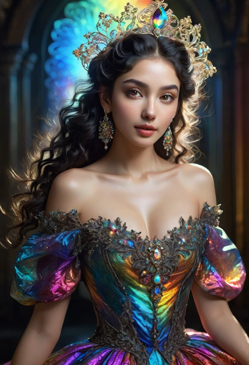 (masterpiece, highest quality, best quality, official art, beautiful and aesthetic), (glowing skin, perfect body), bright eyes, full mouth, long curly black hair, tied on one side of the head, incident light style Rembrandt, discreet tiara and earrings, extremely detailed body design, studio, (off-the-shoulder dress, iridescent fractal art), (Colorful), as detailed as possible, (messy), full body, (lit abstract background), (Skin shiny), (multicolored), (earrings).8k.