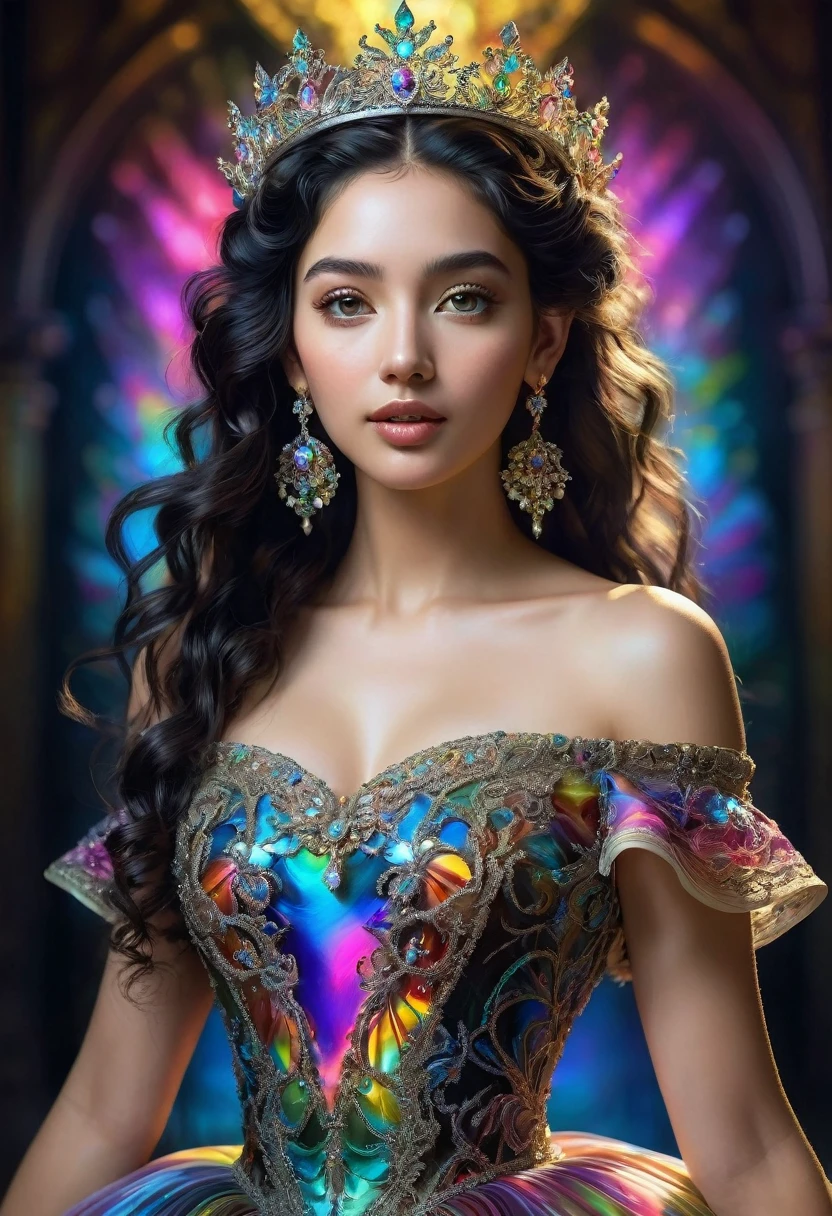 (masterpiece, highest quality, best quality, official art, beautiful and aesthetic), (glowing skin, perfect body), bright eyes, full mouth, long curly black hair, tied on one side of the head, incident light style Rembrandt, tiara and earrings, extremely detailed body design, studio, (off-the-shoulder dress, iridescent fractal art), (Colorful), as detailed as possible, (messy), full body, (lit abstract background), (Glowing skin ), (multicolored), (earrings).8k.