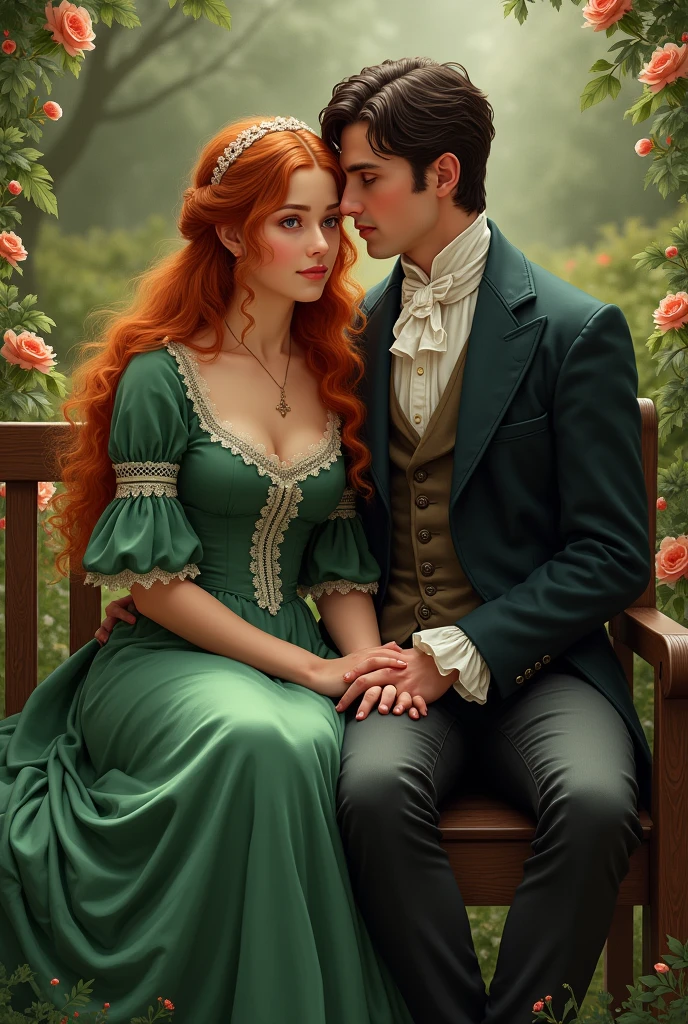 White woman with long curly orange hair and brown eyes, wearing a green dress with lace, sitting on a bench in a garden holding hands with a white man, high, handsome with black eyes and hair. Dressed in a classic way because it is the year 1824