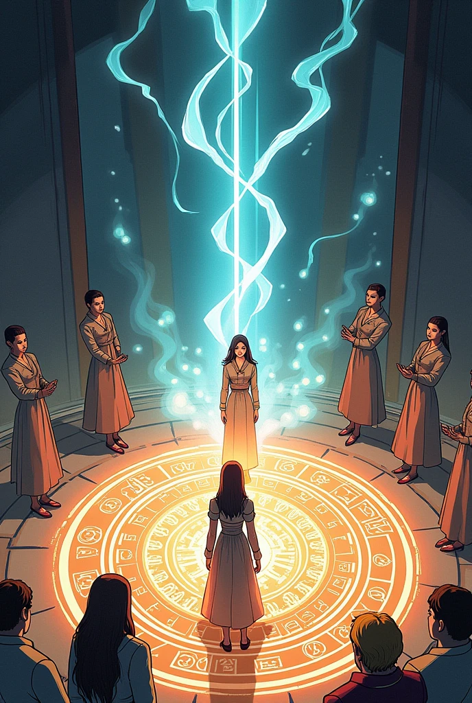 Create a lineart illustration Scenario: Evocation Begins: Show the opening scene of the evocation with Marine and Christine performing the ritual. Marine could be in the center of the magic circle, with an expression of intense concentration, while Christine leads the ritual. The scene could have an energetic environment, with visual effects of light and shadows to suggest the intensity of the process.