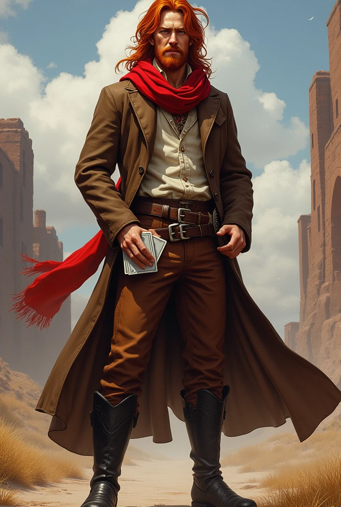 He is a well-groomed man with long, messy red hair and a short, well-kept beard. He stands at 1.75 meters tall and wears a long brown coat over a simple shirt. He has brown pants with a buckle and black boots. A red scarf is wrapped around his neck. He holds a white deck of cards in one hand, while the other hand is in his pocket. He is a cheerful individual who radiates power yet is very gentle. The character should be styled in a fantasy RPG art style, set in the Old West.