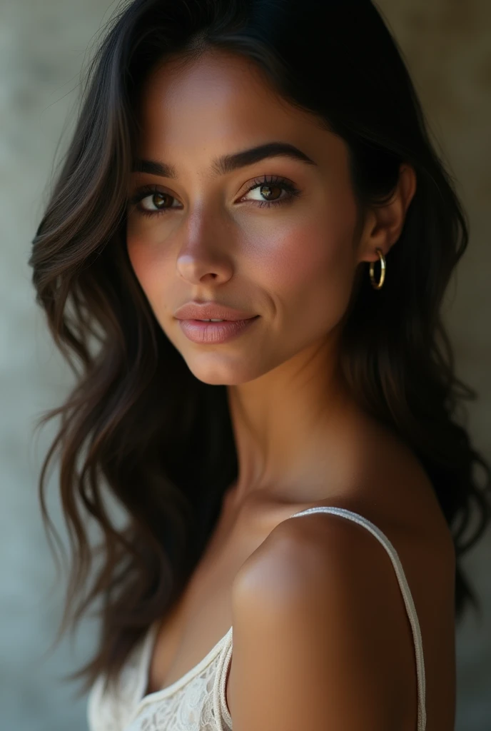 White woman with dark eyes, Brazilian, wearing delicate and discreet clothing 18k