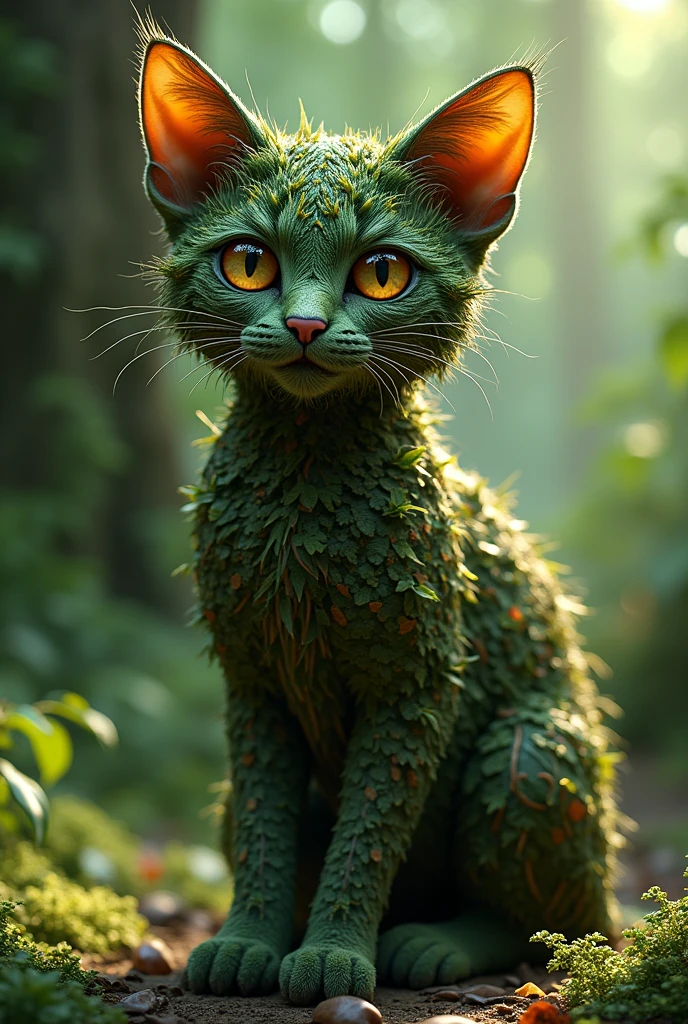 A cat made from forest waste, estate, branches and leaves, 3D effect ultra-detailed intricate insanely full HD resolution 4K ultra-realistic,, Surrealism, rococo, expressive eyes, Divine Presence, mythical being,