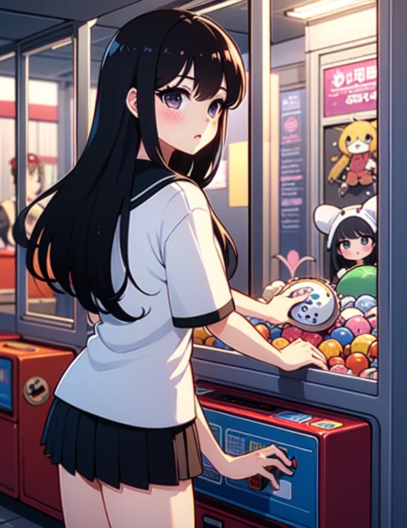 (((masterpiece))), (((Highest quality))), ((Claw Machine)), Place your hand on the bottom panel, Operate the long joystick、Press the button, Use the clamp to lift the toy, One person, Komi Shoko, shy, blush, school uniform, Claw Machine,  Rear View,