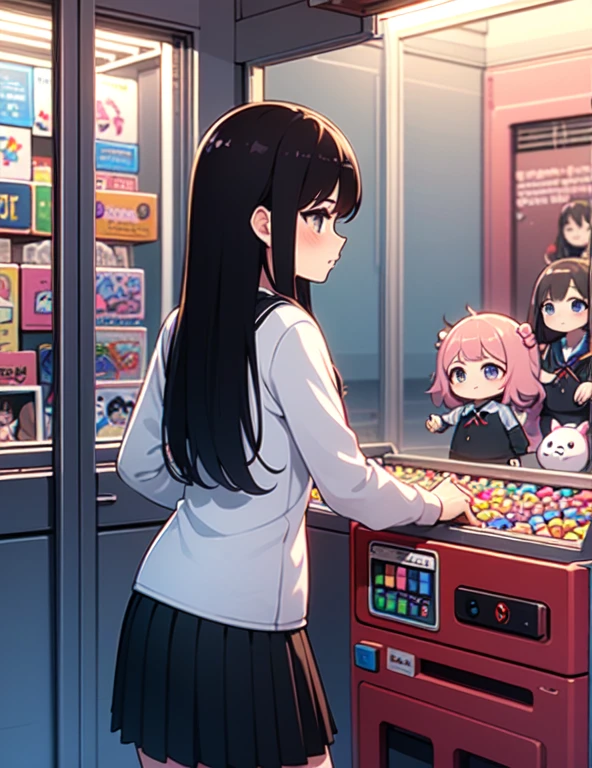 (((masterpiece))), (((Highest quality))), ((Claw Machine)), Place your hand on the bottom panel, Operate the long joystick、Press the button, Use the clamp to lift the toy, One person, Komi Shoko, shy, blush, school uniform, Claw Machine, Rear View,