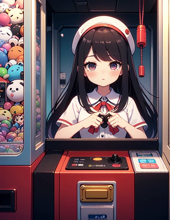 (((masterpiece))), (((Highest quality))), ((Claw Machine)), Place your hand on the bottom panel, Operate the long joystick、Press the button, Use the clamp to lift the toy, One person, Komi Shoko, shy, blush, school uniform, Claw Machine,  Rear View,