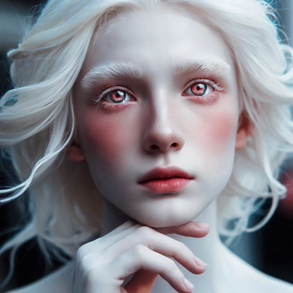 Albino girl with white eyelashes, white hair, white skin and red colour eyes