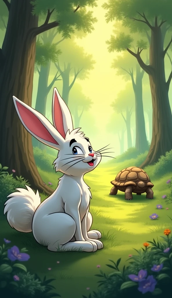 The rabbit wakes up, blinking in surprise, and looks around to see the tortoise far ahead. The forest light changes to show the passage of time.
The rabbit is white.
Show as cartoons
