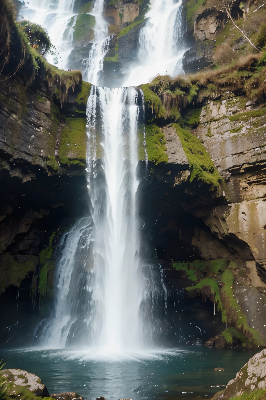 a close up of a waterfall with a sign of water bottel above it,, hyper realistic”, waterfall in bottel shapebackdrop, next to a waterfall, advertising photo, ultra realistic”, ultra realistic ”, ad image, photoshop water art, description, nature outside