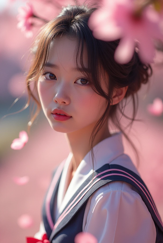 a beautiful young japanese girl, beautiful detailed eyes, beautiful detailed lips, extremely detailed eyes and face, long eyelashes, delicate facial features, intricate hairstyle, porcelain skin, school uniform, sitting in a sakura garden, petals falling, soft lighting, pastel colors, cinematic composition, (best quality,4k,8k,highres,masterpiece:1.2),ultra-detailed,(realistic,photorealistic,photo-realistic:1.37),detailed background, vibrant colors, dramatic lighting but she with simple