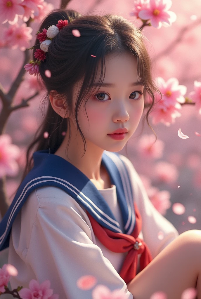 a beautiful young japanese girl, beautiful detailed eyes, beautiful detailed lips, extremely detailed eyes and face, long eyelashes, delicate facial features, intricate hairstyle, porcelain skin, school uniform, sitting in a sakura garden, petals falling, soft lighting, pastel colors, cinematic composition, (best quality,4k,8k,highres,masterpiece:1.2),ultra-detailed,(realistic,photorealistic,photo-realistic:1.37),detailed background, vibrant colors, dramatic lighting but she with simple