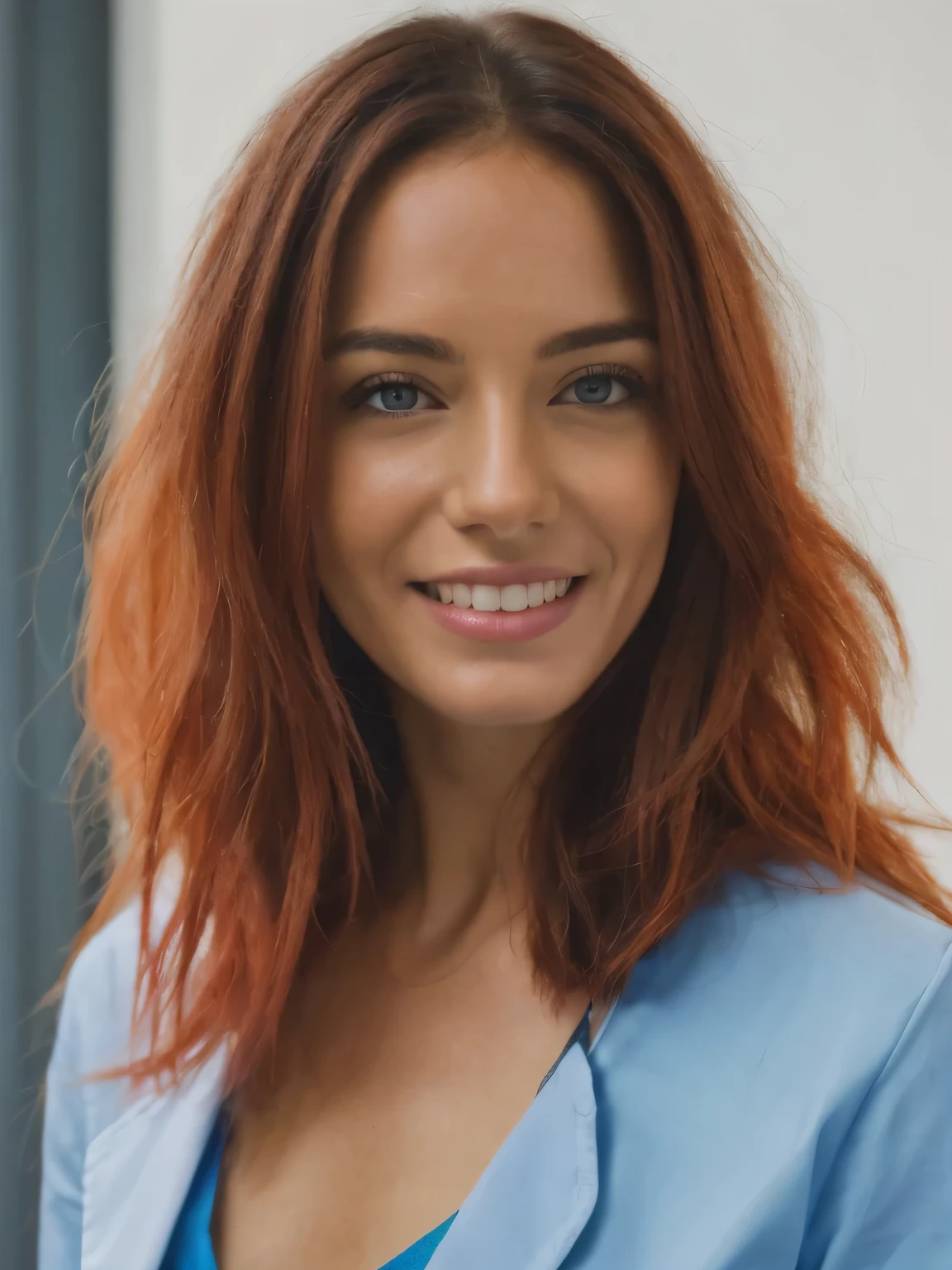 An ultra-realistic portrait of a female doctor viewed from a medium distance. She has long, flowing, vibrant red hair that cascades down her shoulders with intricate details in every strand. She wears a pristine white lab coat, with a stethoscope draped around her neck, and a light blue shirt underneath. Her expression is calm, confident, and compassionate, with a slight, reassuring smile. The background is a modern, well-lit medical office, with subtle details like medical charts and equipment in soft focus. The lighting is natural and soft, highlighting the textures of her skin, the shine in her hair, and the details in her clothing. The image should be rendered in 8K resolution, capturing every fine detail with incredible clarity.
