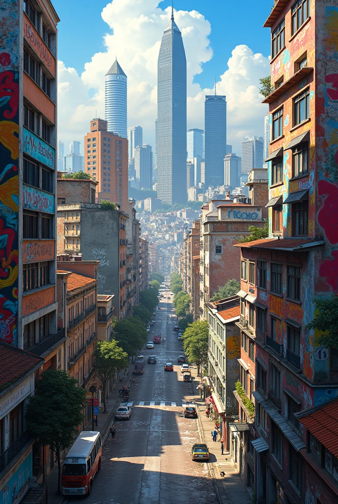 Picture of the city of São Paulo with graffiti on top