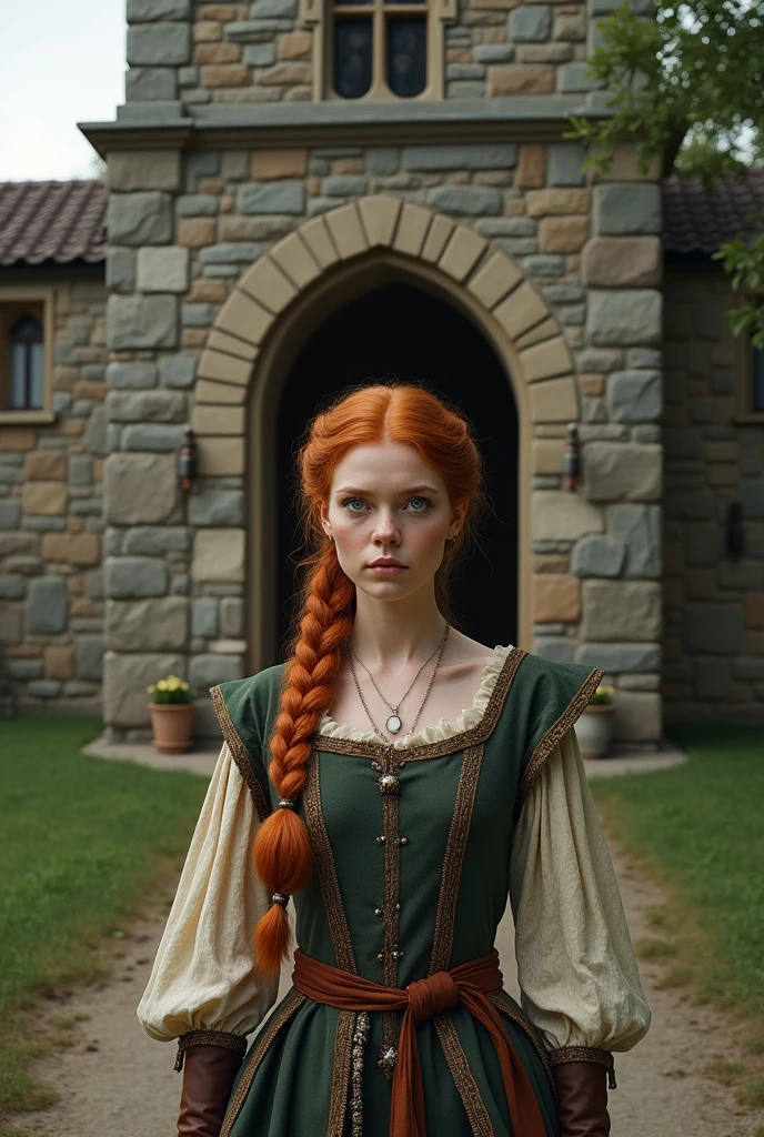((Photorealistic, Ultra HD, Highest Quality, best lighting)) A woman in her early 20s at the door of a medieval church made of stone, she is wearing medieval clothes, she is a redhead with a braid over her shoulders, her eyes are light green, the church has the standard medieval shape with a Cross on top of the bell tower.