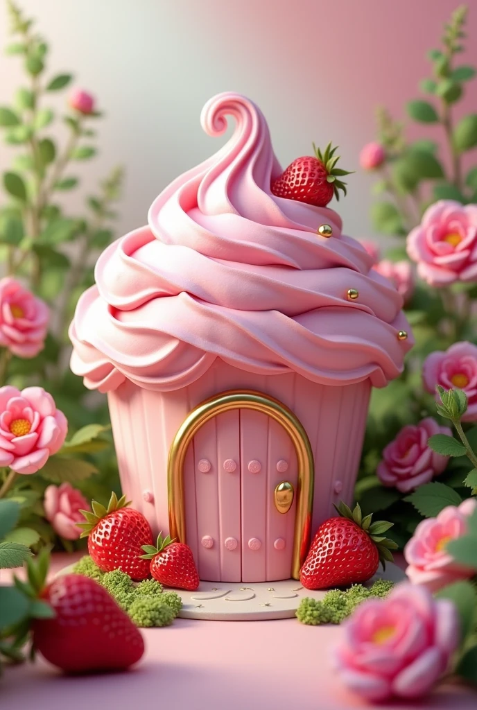 Pastel pink  Cupcake house with gold elements and hot pink flowers and green leaves and strawberries