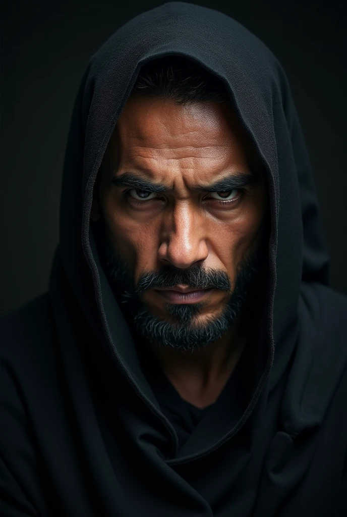 fierce Muslim man with a strong gaze, in the style of dramatic chiaroscuro lighting, showcasing determination and strength, intense facial expression, portrait photography with a Canon 5D Mark IV, close-up, high contrast, cultural theme, i want to use it as youtube channel profile picture