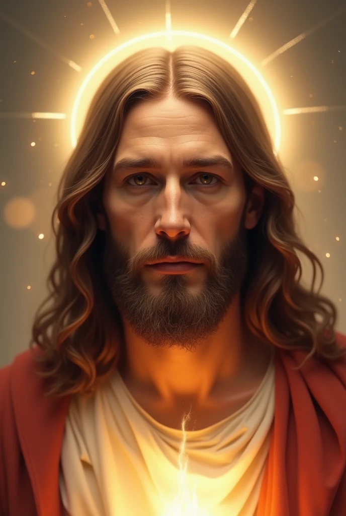 "Create a close-up, frontal image of Jesus with a divine aura. Jesus should be depicted facing the viewer, with a serene and compassionate expression that reflects His gentle and loving nature. His long hair and beard should be styled in a classic, respectful manner. Surround His face with a soft, glowing aura that radiates divine light, emphasizing His sacred presence. The background should feature a subtle gradient or ethereal light, ensuring the focus remains on Jesus' face and the divine aura. The overall composition should convey a profound sense of peace and reverence, highlighting the spiritual significance of His presence."