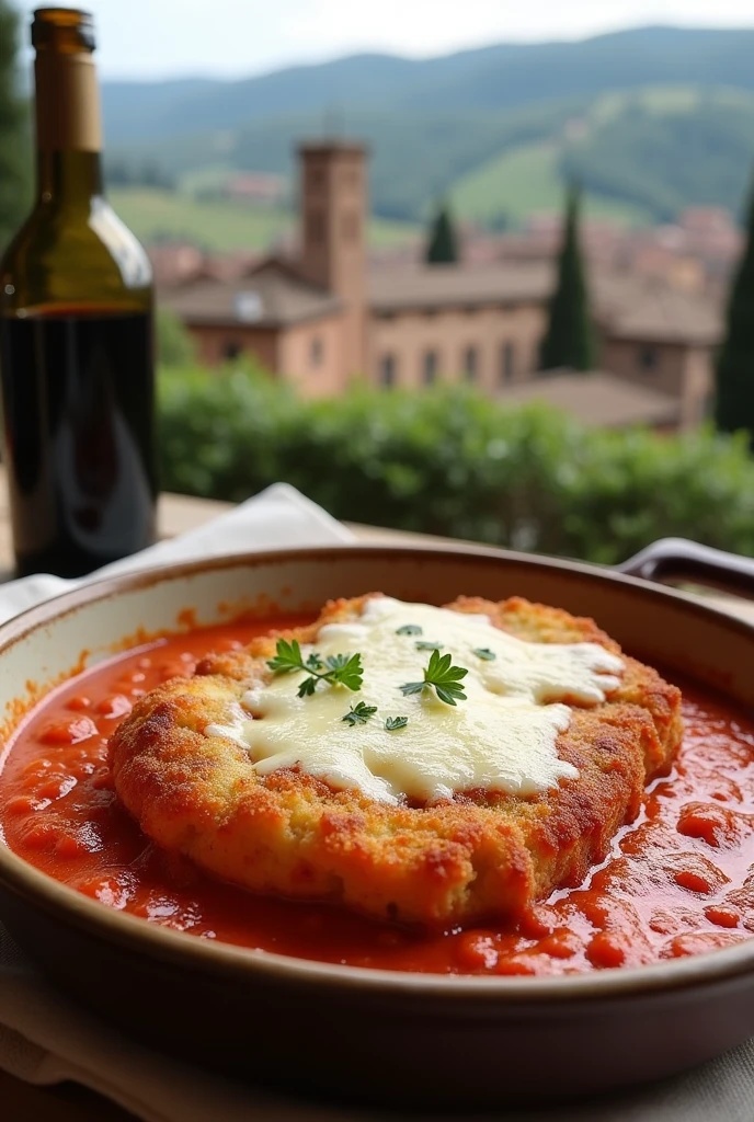 Um file mignon alla parmegiana alto , that you can see the breading and lots of cheese gratin on a bed of sugo sauce in a.ceramic dish on a table with the background of the city of Tuscany