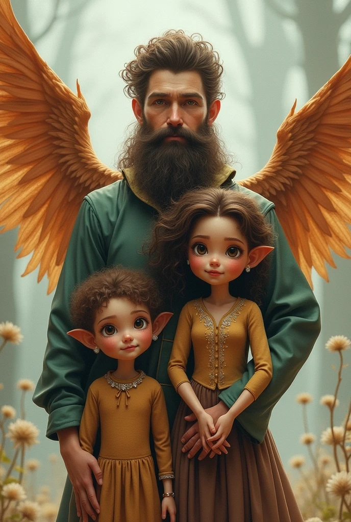Family of short mother with big eyes and straight hair and tall father with big eyes , curly hair and beard and baby with curly hair, father and baby with wings
