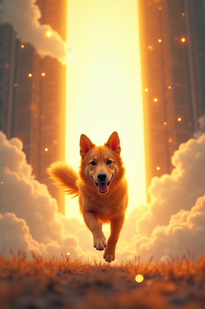 An orange dog entering heaven