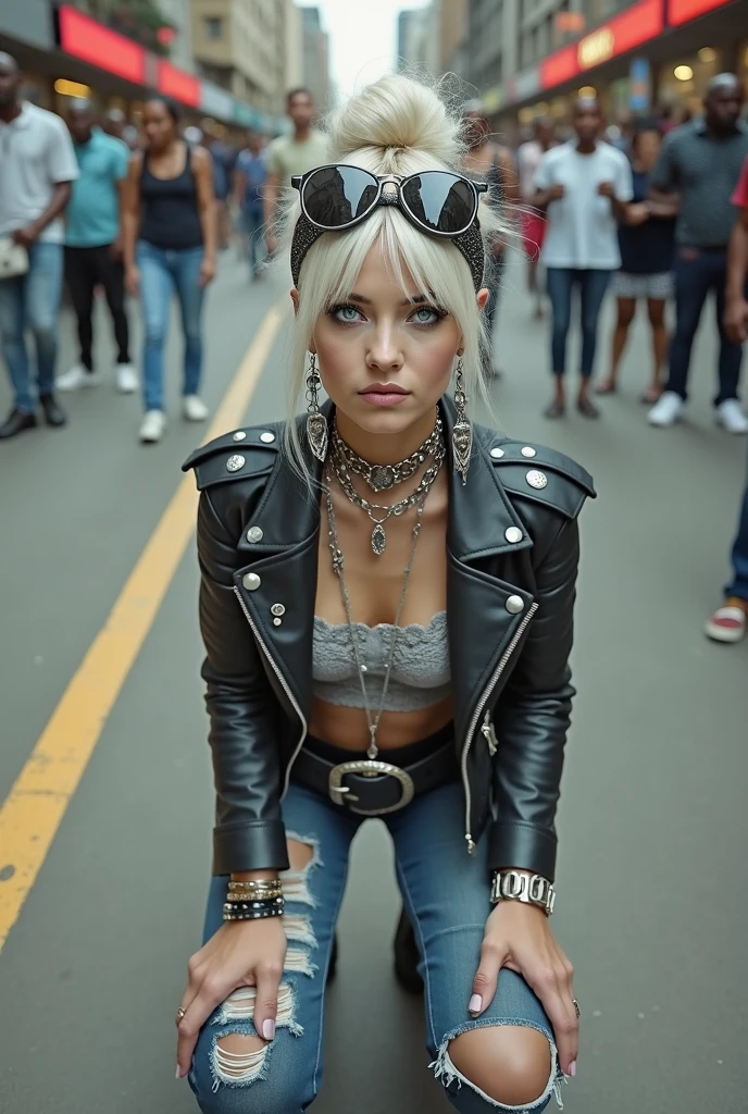 russian old milf woman, blonde platinum hair (top bun and big maxi sunglasses as headband), with very light blue eyes, extremely pale. Wearing studded cropped black moto jacket (skull and moto club patches), black and white lace push up bra, dark skinny low rise blue jeans with patched holes . Lots of thick wide studded bracelets, chain collars and big rings. Tacky wide studded leather belt with big skull and bones round buckle. Long earrings with chains. Kneeling, humble facial expression. Hands down, showing off bracelets and rings. Looking at the camera, Listening to somebody eating an ice cream she craves for, toned abdominals, thin neck, slim legs and thin arms. Narrow hips. Crowded street of Nairobi