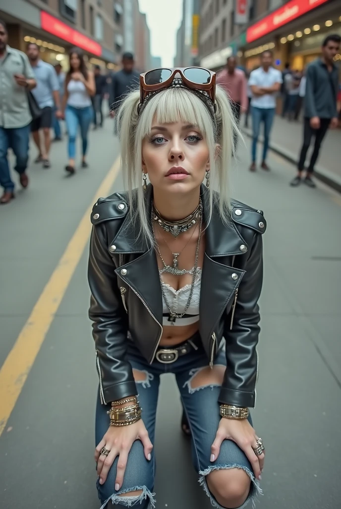russian old milf woman, blonde platinum hair (top bun and big maxi sunglasses as headband), with very light blue eyes, extremely pale. Wearing studded cropped black moto jacket (skull and moto club patches), black and white lace push up bra, dark skinny low rise blue jeans with patched holes . Lots of thick wide studded  bracelets, chain collars and big rings. Tacky wide studded leather belt with big skull and bones round buckle. Long earrings with chains. Kneeling, humble facial expression. Hands down, showing off bracelets and rings. Looking at the camera, Listening to somebody eating an ice cream she craves for, toned abdominals, thin neck, slim legs and thin arms. Narrow hips. Crowded street of Nairobi 