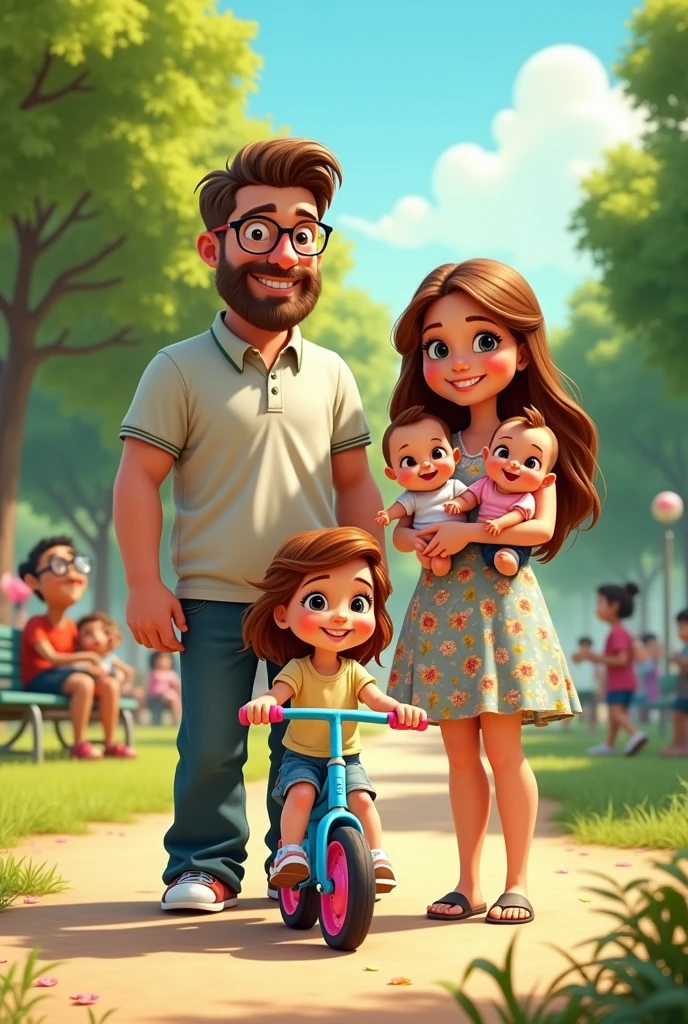 Image type dessin animé pixar d'une famille au parc. Caucasians : dad 35 years old brown eyes, lunettes, salt and pepper hair, beard, a little belly but not big. He is dressed in chinos, polo shirts and sneakers.. The mother is 3, She is a small, very round woman with brown hair., yeux bleus avec des lunettes, dressed in floral dress sandals. The first child is a 4 year old on her sky blue bike with pink tires, long blond hair with brown eyes. The other two children are 10-month-old twins., one in mom&#39;s arms : she has brown blonde hair with blue eyes looking more like her mom. the other is in dad&#39;s arms, cheveux  blonds châtain aux yeux marrons avec une fossette à la joue gauche et ressemblant plus à papa.