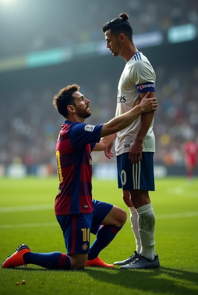 Messi kneeling in front of Ronaldo