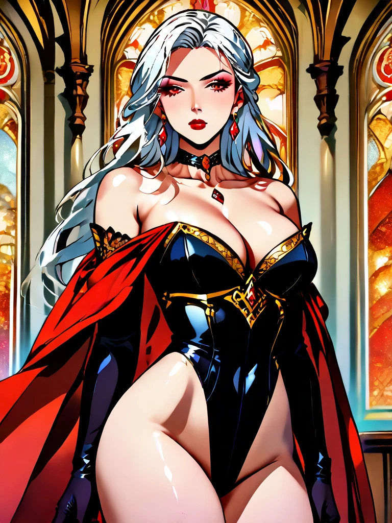 anime art, 1girl, solo, long hair, breasts, looking at viewer, large breasts, gloves, cleavage, bare shoulders, jewelry, closed mouth, collarbone, white hair, earrings, choker, black gloves, elbow gloves, indoors, cape, leotard, strapless, makeup, highleg, lipstick, gem, black leotard, highleg leotard, strapless leotard, red cape, red lips, stained glass