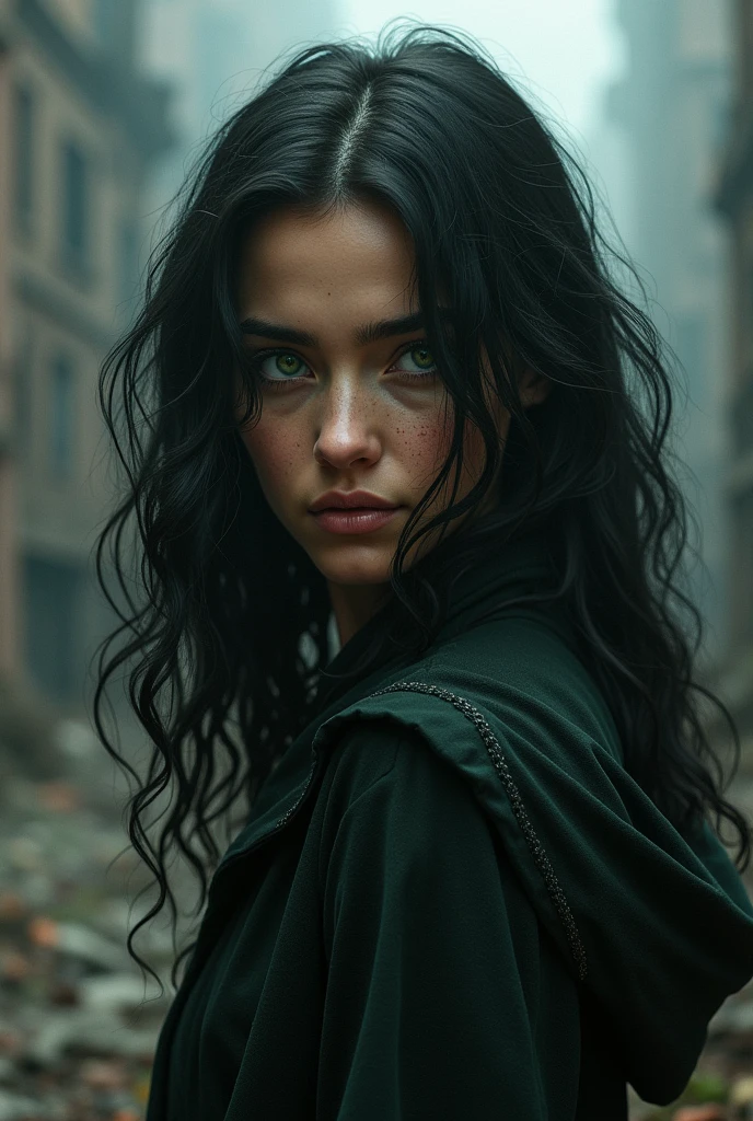 A woman young, with black, slightly wavy hair, half tanned skin, intense green eyes the shade of the killing curse with flashes of red, a mischievous smile on the mouth. His features would be a mix of Harry Potter and Tom Riddle when he was young.. She stands in front of a landscape of a ruined city