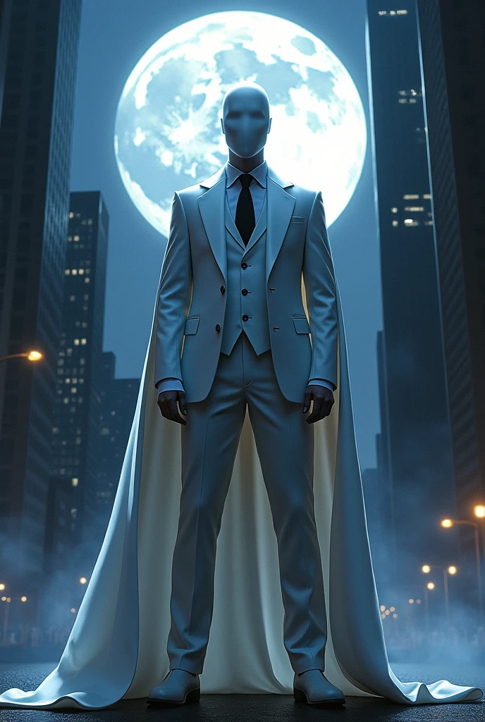 In the moonlit cityscape, a figure stands tall, facing forward with unwavering resolve. Dressed in a pristine white suit and with a face entirely in pure white, Moon Knight (Marc Spector) exudes an aura of sophistication and power, merging the elegance of his attire with the enigmatic nature of his vigilante identity. As the moonlight casts dramatic shadows, he prepares to confront an ancient prophecy that threatens to engulf the city in darkness. With his mystical powers and combat skills, Moon Knight must navigate a world of supernatural peril and personal turmoil. Will his sharp intellect and formidable presence be enough to decipher the prophecy and protect the city, or will the encroaching chaos prove too overwhelming?
