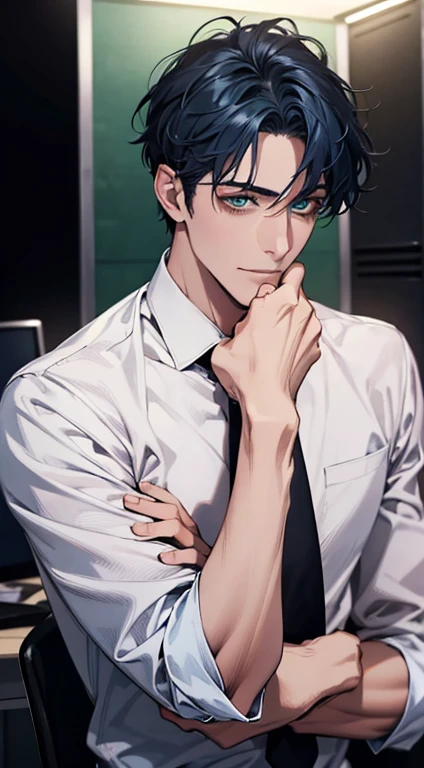 (Highest quality,4K,8K,High resolution,masterpiece:1.2),Super detailed,(Realistic,photoRealistic,photo-Realistic:1.37),1 personld,Mature Men,Beautiful skin、very handsome,Expressionless smile in love,Short blue hair,green eyes,Sharp Eyes,A perfect face without a doubt,Businessman, CEO, Office Background,Cinema Lighting,HDR image,tie、