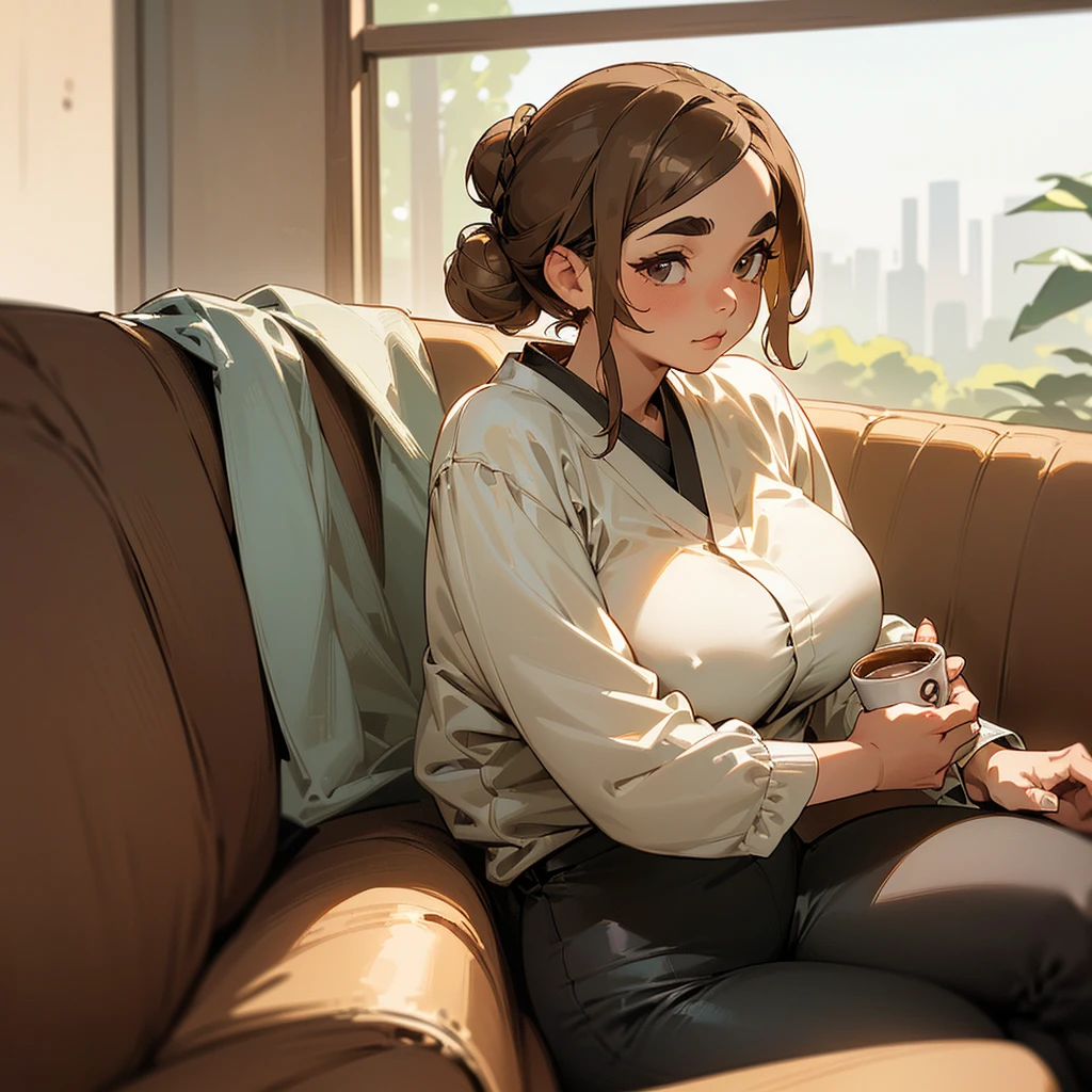 ((A single 55 year old woman who is ALONE on the couch with wavy light brown hair tied in a bun, her body is chubby this same woman has slightly thick eyebrows with a slightly chubby tip of the nose, her skin tone is dark and this same woman wears a casual outfit consisting of a white long-sleeved shirt and black pants, this woman is sitting on the couch while holding a cup of coffee.)) (((Front view photo.))) ((The background environment is a Japanese living room and day lighting.) ) ((((highly detailed skin)))) (((8k, sharp focus)))