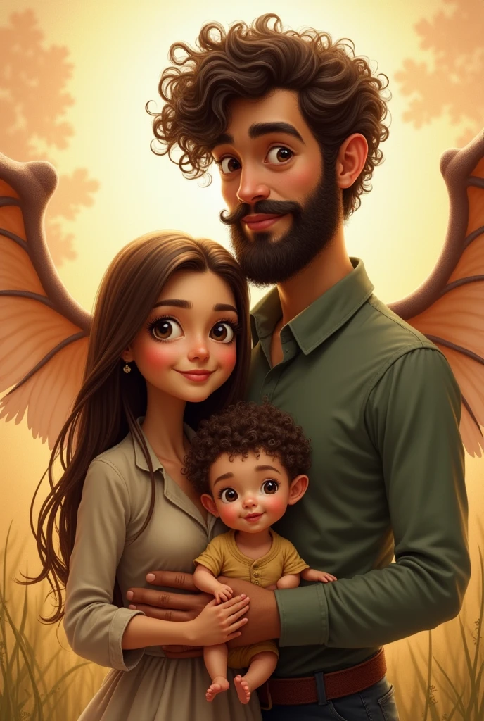 Family of short mother with big eyes and straight hair and tall father with big eyes , curly hair and beard and a baby boy with curly hair, father and baby with wings