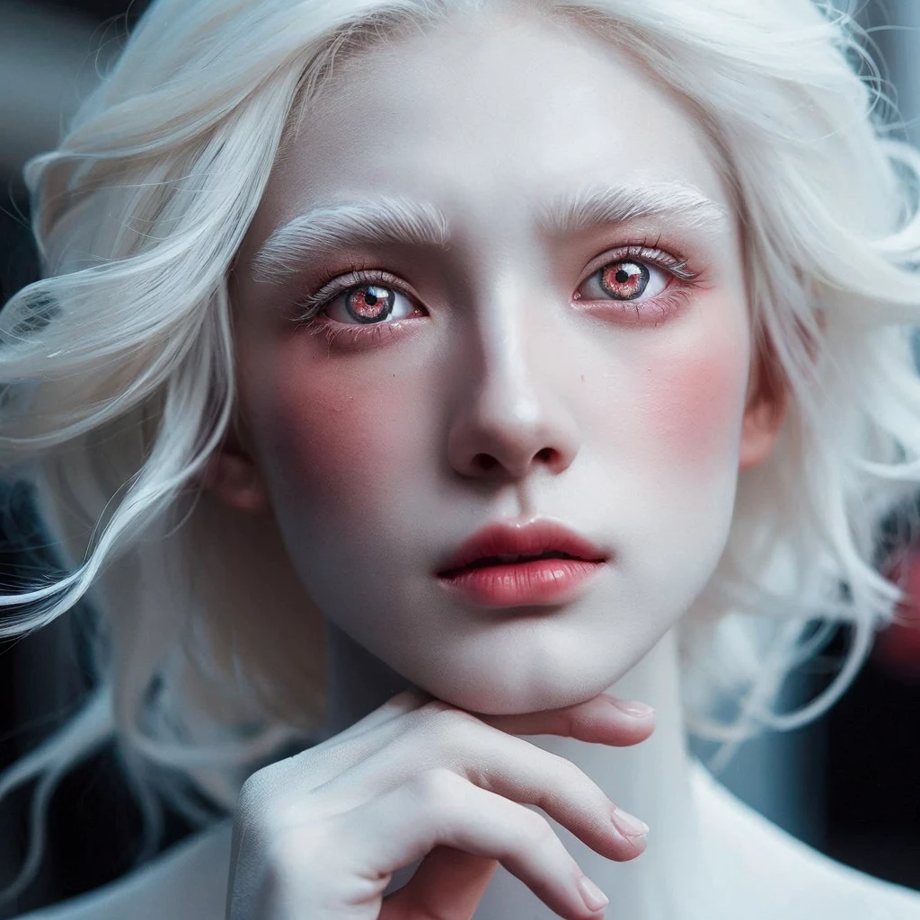Albino korean girl with white eyelashes, white hair, white skin and red colour eyes