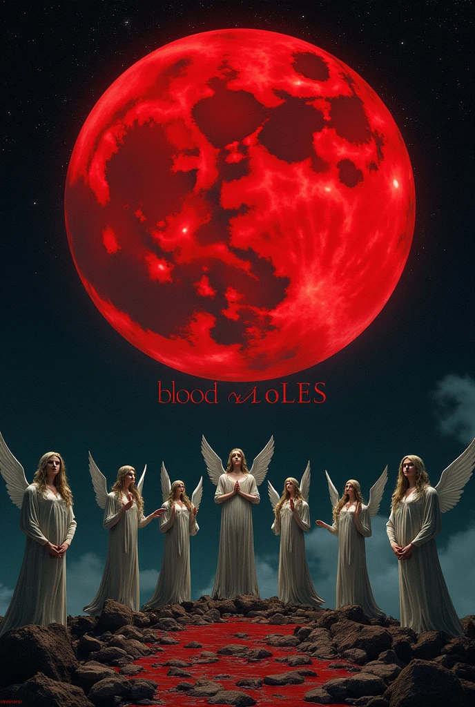 A red moon in the middle seven silver angels on the sides And that says: Blood Moles