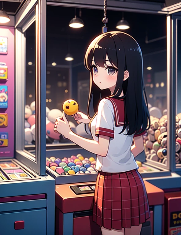 (((masterpiece))), (((Highest quality))), ((Claw Machine)), Place your hand on the bottom panel, Operate the long joystick、Press the button, Use the clamp to lift the toy, One person, Komi Shoko, shy, blush, school uniform, Claw Machine,  Rear View,