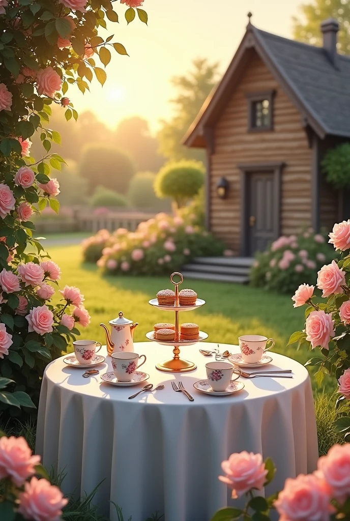 White round table,afternoon tea,cake,sunset,Rose Garden,wooden house