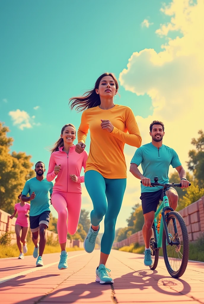 Create a vibrant image for an ad for a clothing store specializing in sports and comfort. The scene should show a diverse group of people, including men and women, wearing modern and comfortable sportswear, while practicing different physical activities, like running, yoga and cycling. Clothes should be soft colors and stylish., highlighting the flexibility and comfort of the fabrics. Add store name 'Sport & Comfort' in stylized text at the top of the image