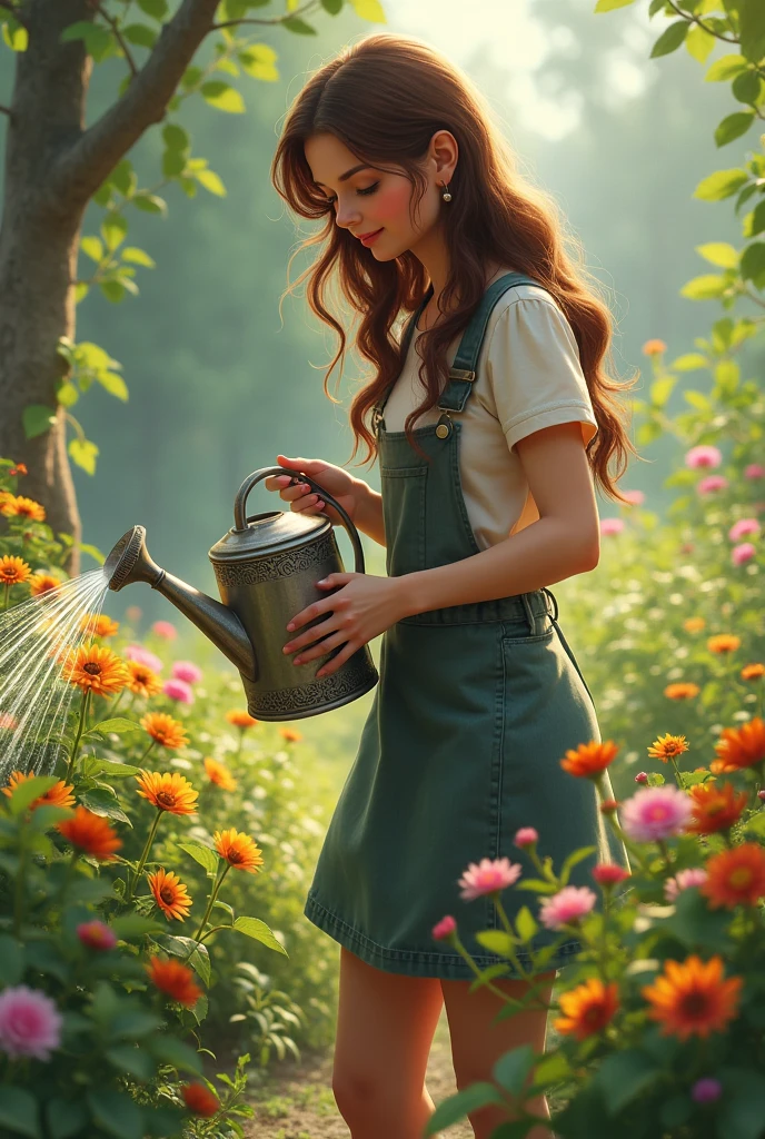 Image 8: Clara using a watering can instead of a hose, watering the plants carefully.