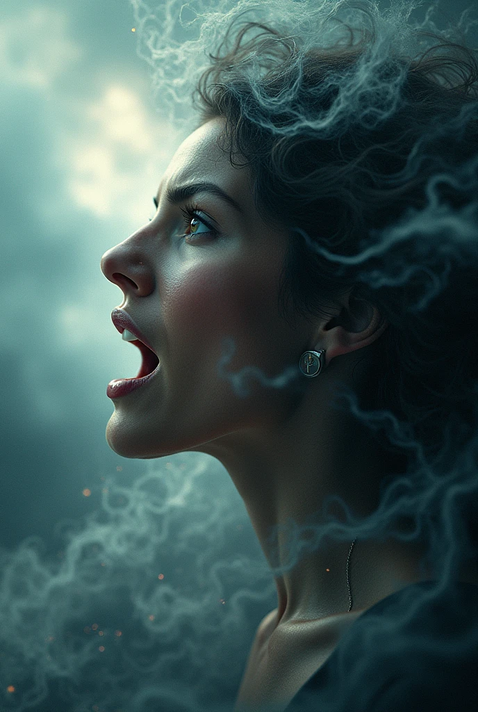 A close-up of a woman’s face with her mouth open in mid-speech, with sound waves radiating outward, blending into a powerful storm or earthquake, symbolizing the impact of her words.