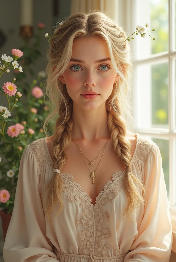 A 31-year-old woman with a serene and radiant beauty, with light blonde, wavy hair that is kept in a simple style, with two braids that fall gracefully over her shoulders. His eyes are a bright, clear blue, reflecting your connection to beauty and home. She wears a pastel colored tunic, with floral details and motifs that represent the harmony and tranquility of the homes it protects.