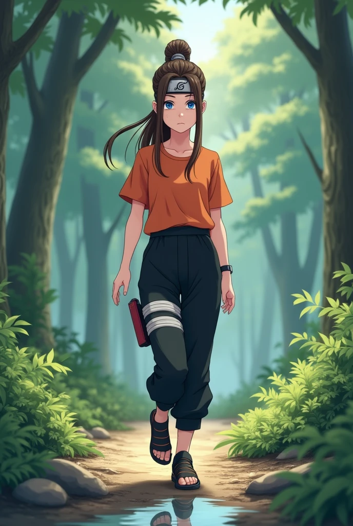 capture d&#39;écran, Style d&#39;anime Naruto, une fille femme de , peau teint clair légèrement pâle, Taille moyenne, Poitrine moyenne yeux bleus, cheveux BRAIN, Long, QUEUE DE CHEVAL,SANS REPOUSSES,REGULIER, barrette en bois pour cheveux, vêtements de ninja SANADA, pantalon court Noir foncé et T-shirt JAUNE rougeâtre, avec un bandeau de ninja, dans une foret Info 
