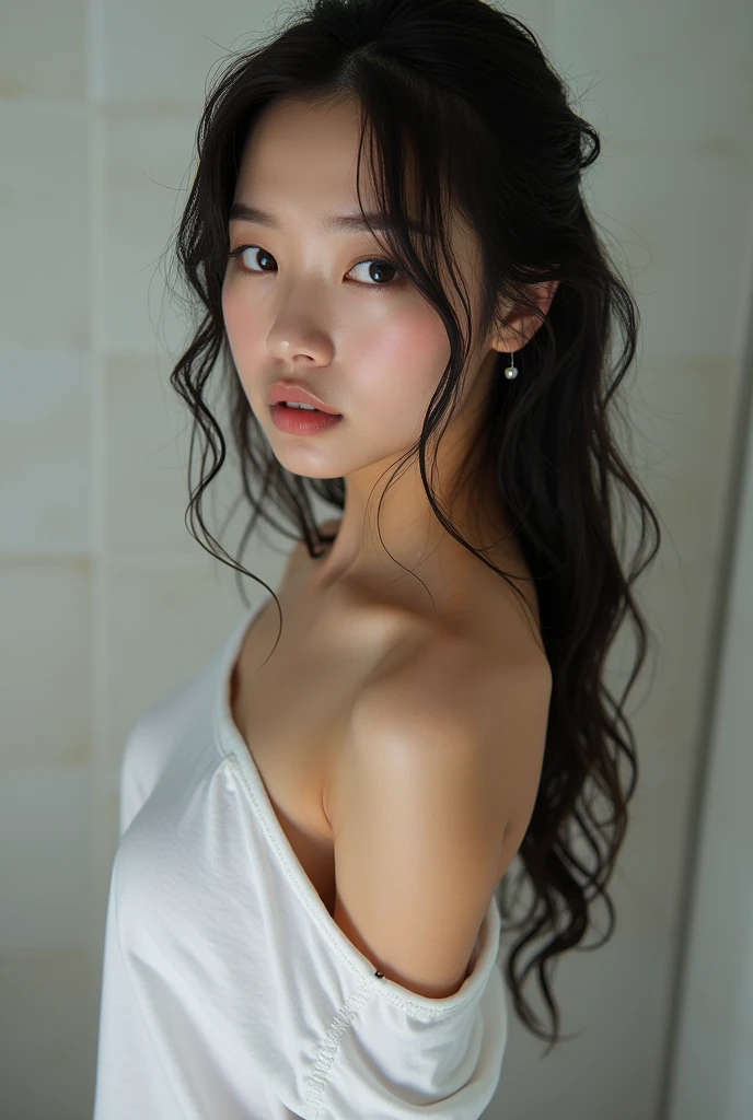 sexy girl in bathroom，Wet pubic hair，Charming eyes，Heartwarming action，from the rear，Turn your face away from the camera，stooped，Bend over，turn back，Look up at your head，transparent silk pajamas ，barechested，thick long hair，Highly detailed body，Highly detailed face，best qualtiy