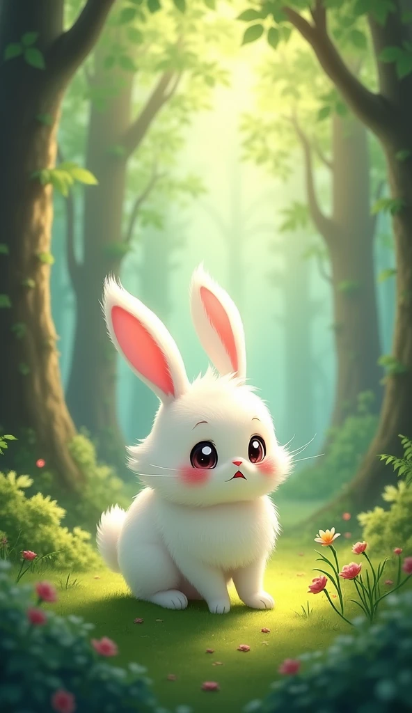 The rabbit wakes up, blinking in surprise and sad. The forest light changes to show the passage of time.
The rabbit is white.
Show as cartoons